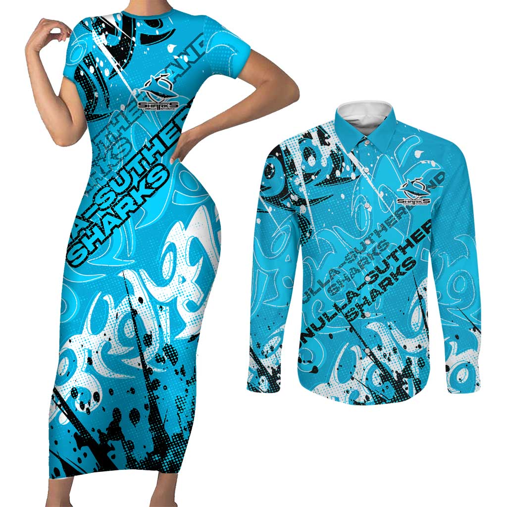 Personalized Cronulla-Sutherland Sharks Rugby Couples Matching Short Sleeve Bodycon Dress and Long Sleeve Button Shirt Urban Street Graffiti Style - Distressed Splatter Elements