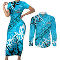 Personalized Cronulla-Sutherland Sharks Rugby Couples Matching Short Sleeve Bodycon Dress and Long Sleeve Button Shirt Urban Street Graffiti Style - Distressed Splatter Elements