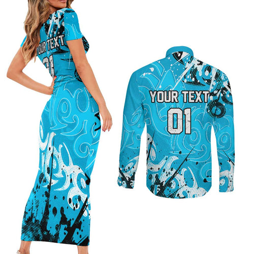 Personalized Cronulla-Sutherland Sharks Rugby Couples Matching Short Sleeve Bodycon Dress and Long Sleeve Button Shirt Urban Street Graffiti Style - Distressed Splatter Elements