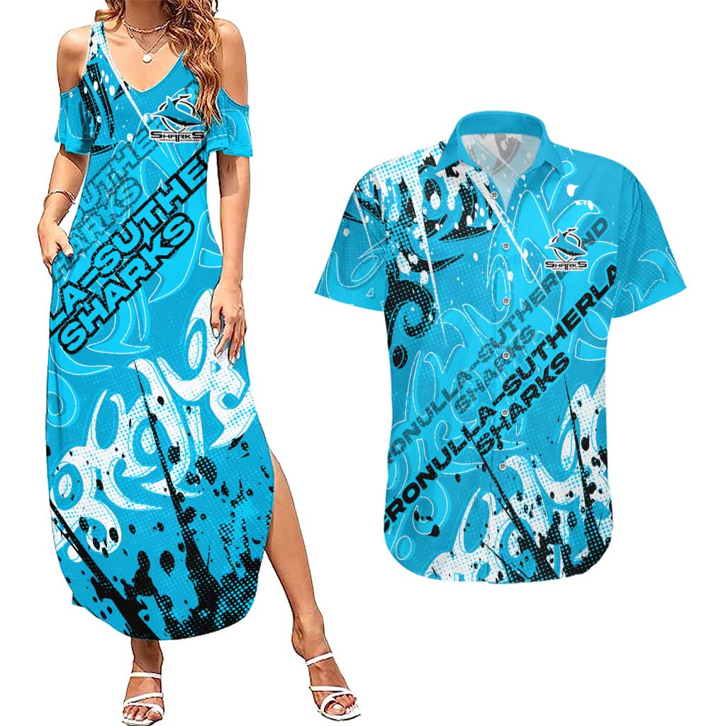 Personalized Cronulla-Sutherland Sharks Rugby Couples Matching Summer Maxi Dress and Hawaiian Shirt Urban Street Graffiti Style - Distressed Splatter Elements