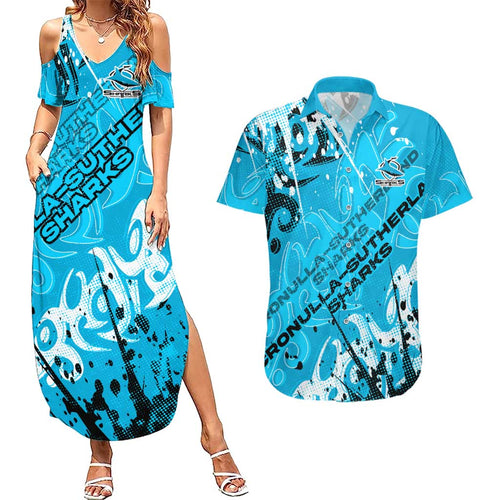 Personalized Cronulla-Sutherland Sharks Rugby Couples Matching Summer Maxi Dress and Hawaiian Shirt Urban Street Graffiti Style - Distressed Splatter Elements