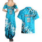 Personalized Cronulla-Sutherland Sharks Rugby Couples Matching Summer Maxi Dress and Hawaiian Shirt Urban Street Graffiti Style - Distressed Splatter Elements