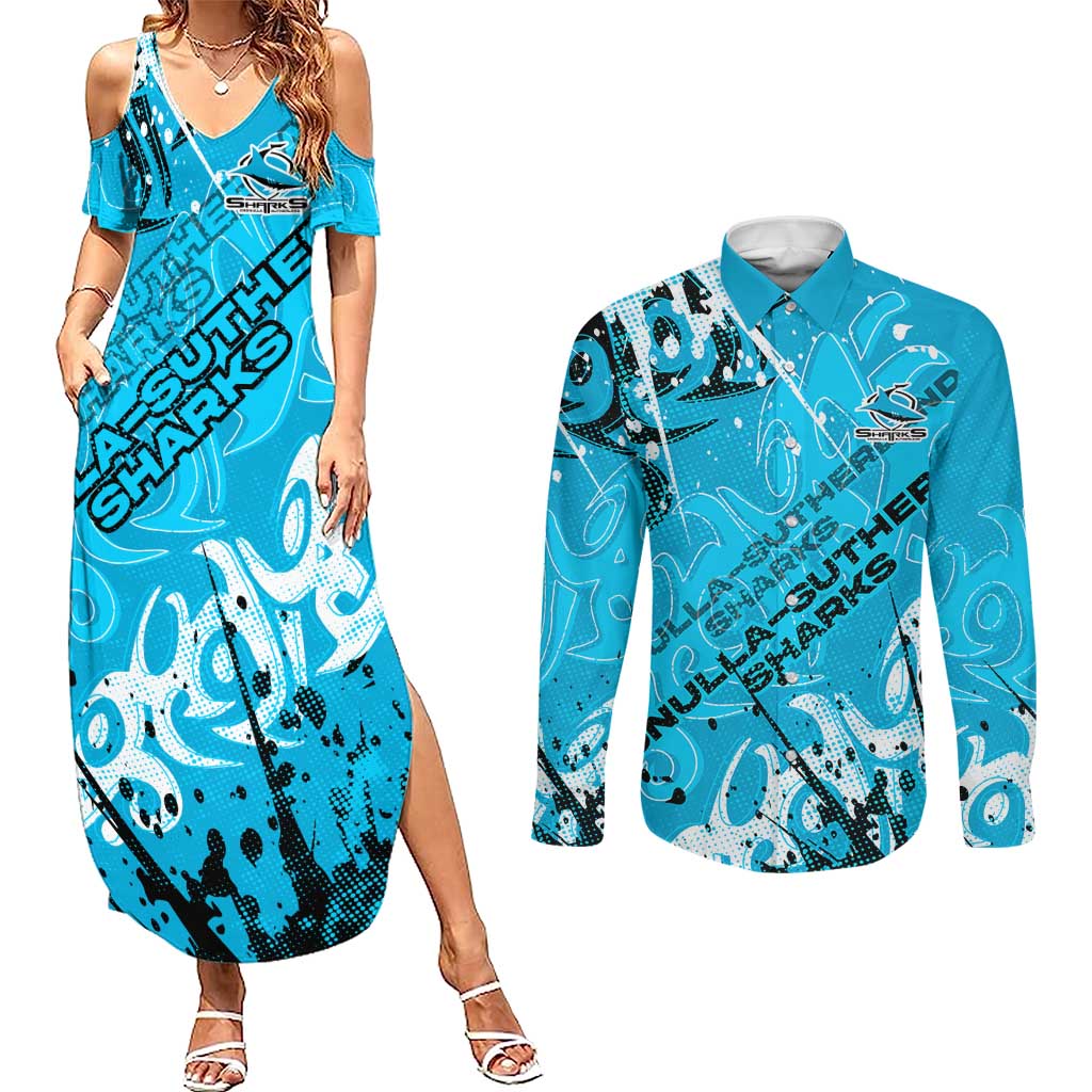 Personalized Cronulla-Sutherland Sharks Rugby Couples Matching Summer Maxi Dress and Long Sleeve Button Shirt Urban Street Graffiti Style - Distressed Splatter Elements