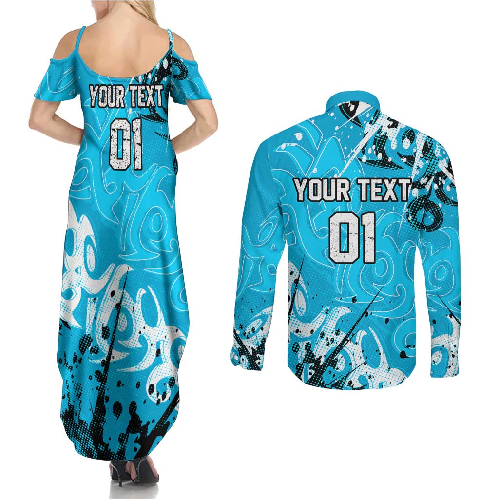 Personalized Cronulla-Sutherland Sharks Rugby Couples Matching Summer Maxi Dress and Long Sleeve Button Shirt Urban Street Graffiti Style - Distressed Splatter Elements