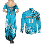 Personalized Cronulla-Sutherland Sharks Rugby Couples Matching Summer Maxi Dress and Long Sleeve Button Shirt Urban Street Graffiti Style - Distressed Splatter Elements