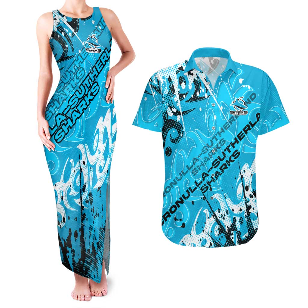 Personalized Cronulla-Sutherland Sharks Rugby Couples Matching Tank Maxi Dress and Hawaiian Shirt Urban Street Graffiti Style - Distressed Splatter Elements