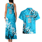 Personalized Cronulla-Sutherland Sharks Rugby Couples Matching Tank Maxi Dress and Hawaiian Shirt Urban Street Graffiti Style - Distressed Splatter Elements