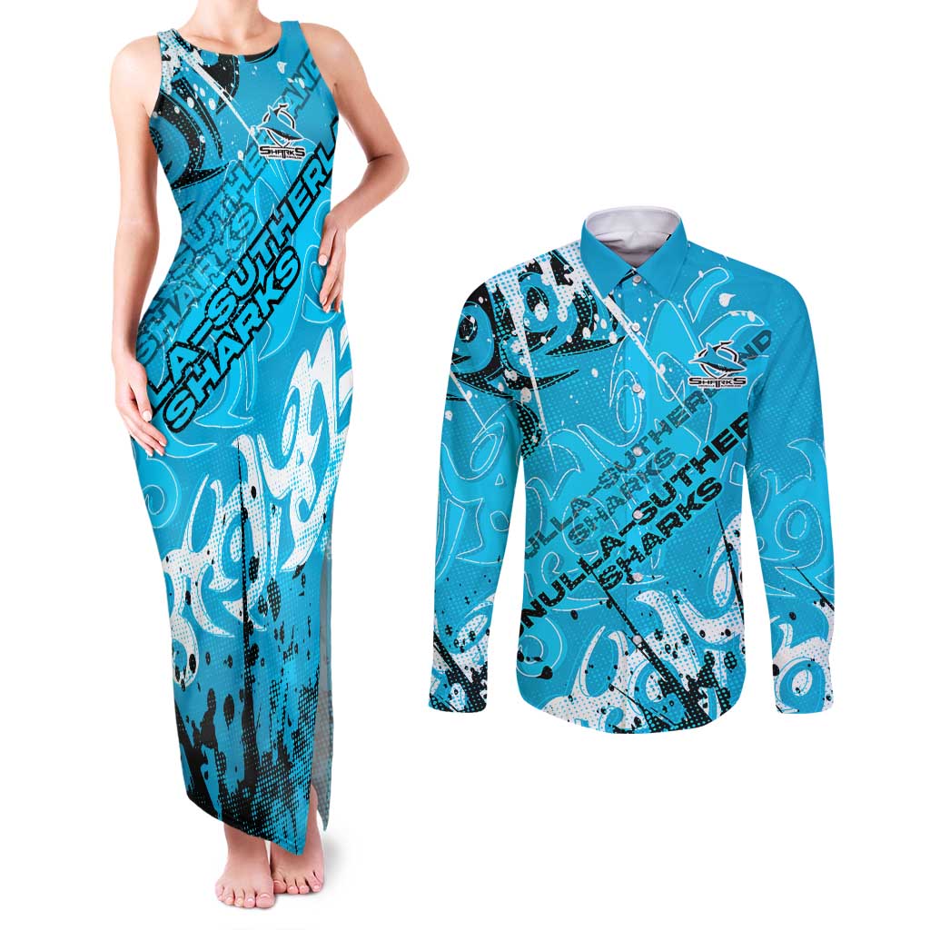Personalized Cronulla-Sutherland Sharks Rugby Couples Matching Tank Maxi Dress and Long Sleeve Button Shirt Urban Street Graffiti Style - Distressed Splatter Elements