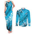 Personalized Cronulla-Sutherland Sharks Rugby Couples Matching Tank Maxi Dress and Long Sleeve Button Shirt Urban Street Graffiti Style - Distressed Splatter Elements