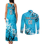 Personalized Cronulla-Sutherland Sharks Rugby Couples Matching Tank Maxi Dress and Long Sleeve Button Shirt Urban Street Graffiti Style - Distressed Splatter Elements