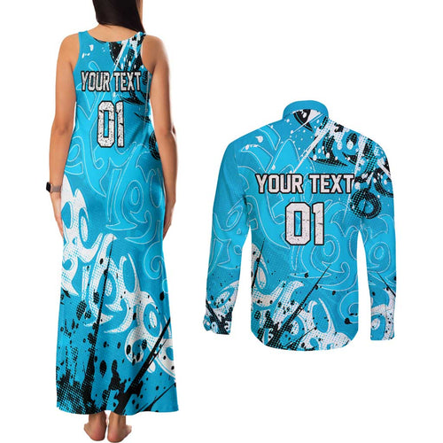 Personalized Cronulla-Sutherland Sharks Rugby Couples Matching Tank Maxi Dress and Long Sleeve Button Shirt Urban Street Graffiti Style - Distressed Splatter Elements
