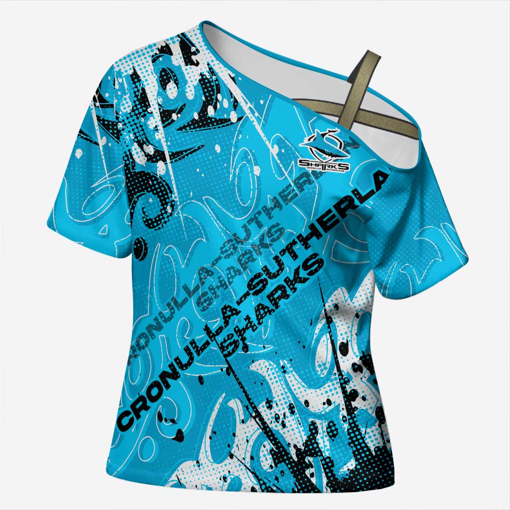Personalized Cronulla-Sutherland Sharks Rugby Cross Shoulder Shirt Urban Street Graffiti Style - Distressed Splatter Elements