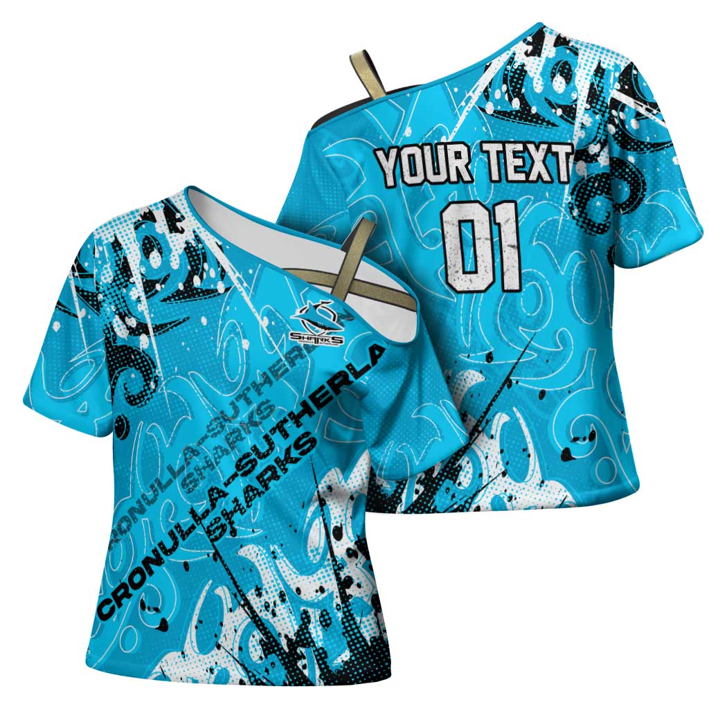 Personalized Cronulla-Sutherland Sharks Rugby Cross Shoulder Shirt Urban Street Graffiti Style - Distressed Splatter Elements