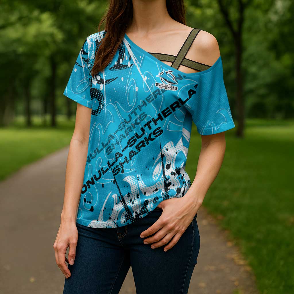 Personalized Cronulla-Sutherland Sharks Rugby Cross Shoulder Shirt Urban Street Graffiti Style - Distressed Splatter Elements
