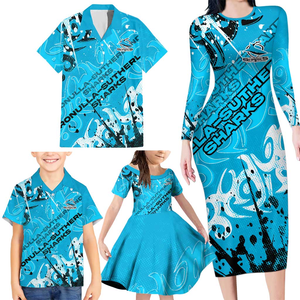 Personalized Cronulla-Sutherland Sharks Rugby Family Matching Long Sleeve Bodycon Dress and Hawaiian Shirt Urban Street Graffiti Style - Distressed Splatter Elements