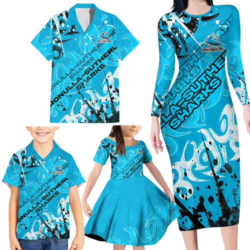 Personalized Cronulla-Sutherland Sharks Rugby Family Matching Long Sleeve Bodycon Dress and Hawaiian Shirt Urban Street Graffiti Style - Distressed Splatter Elements