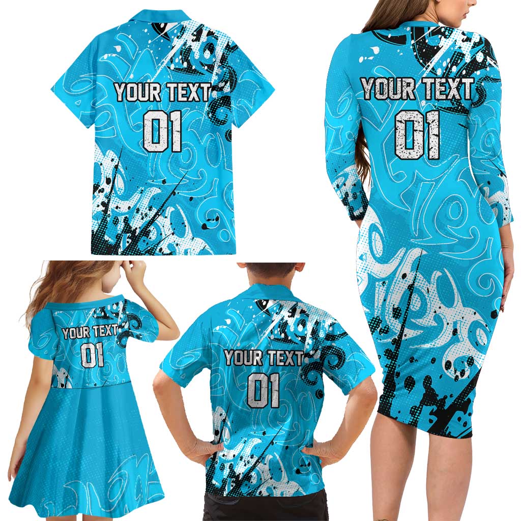 Personalized Cronulla-Sutherland Sharks Rugby Family Matching Long Sleeve Bodycon Dress and Hawaiian Shirt Urban Street Graffiti Style - Distressed Splatter Elements
