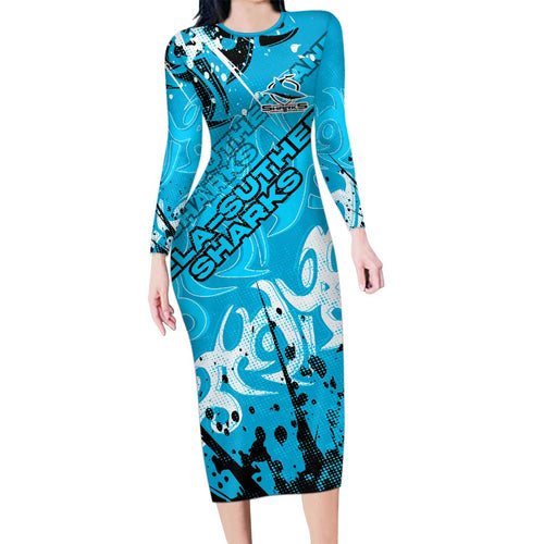 Personalized Cronulla-Sutherland Sharks Rugby Family Matching Long Sleeve Bodycon Dress and Hawaiian Shirt Urban Street Graffiti Style - Distressed Splatter Elements