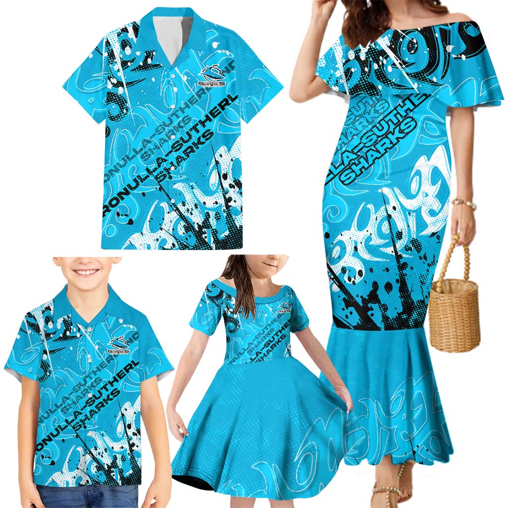 Personalized Cronulla-Sutherland Sharks Rugby Family Matching Mermaid Dress and Hawaiian Shirt Urban Street Graffiti Style - Distressed Splatter Elements