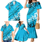 Personalized Cronulla-Sutherland Sharks Rugby Family Matching Mermaid Dress and Hawaiian Shirt Urban Street Graffiti Style - Distressed Splatter Elements