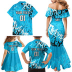 Personalized Cronulla-Sutherland Sharks Rugby Family Matching Mermaid Dress and Hawaiian Shirt Urban Street Graffiti Style - Distressed Splatter Elements