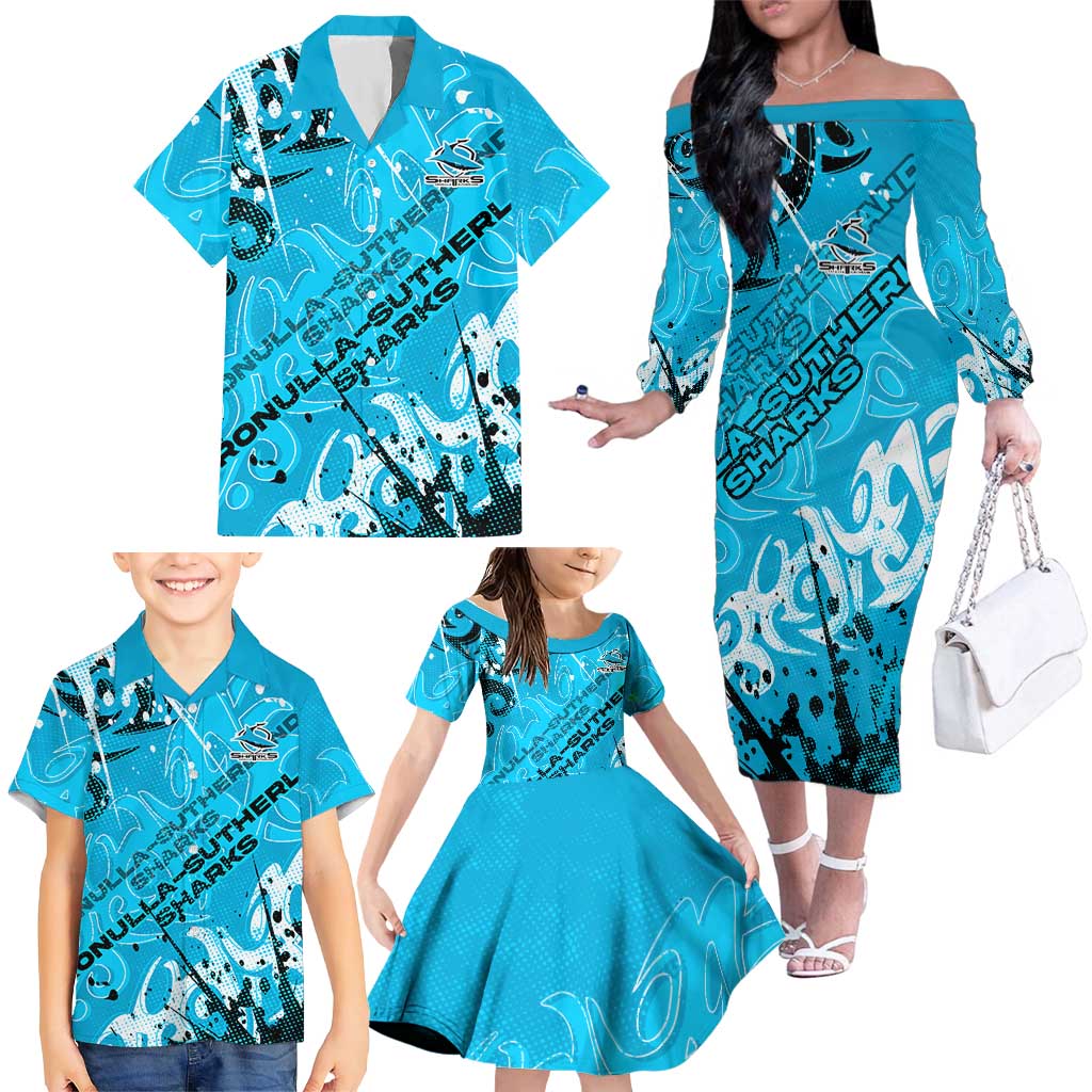 Personalized Cronulla-Sutherland Sharks Rugby Family Matching Off The Shoulder Long Sleeve Dress and Hawaiian Shirt Urban Street Graffiti Style - Distressed Splatter Elements