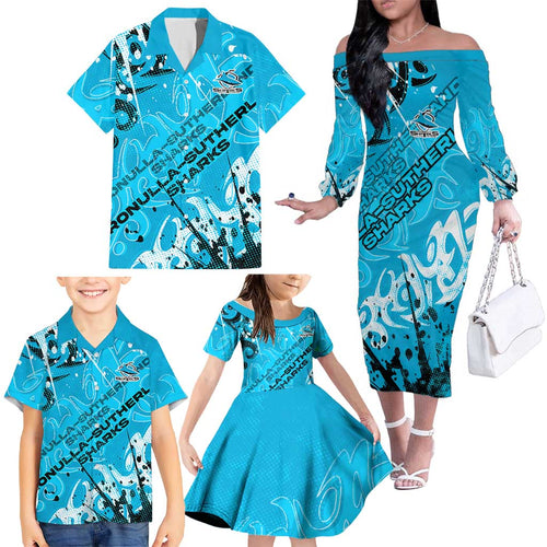 Personalized Cronulla-Sutherland Sharks Rugby Family Matching Off The Shoulder Long Sleeve Dress and Hawaiian Shirt Urban Street Graffiti Style - Distressed Splatter Elements
