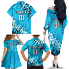 Personalized Cronulla-Sutherland Sharks Rugby Family Matching Off The Shoulder Long Sleeve Dress and Hawaiian Shirt Urban Street Graffiti Style - Distressed Splatter Elements