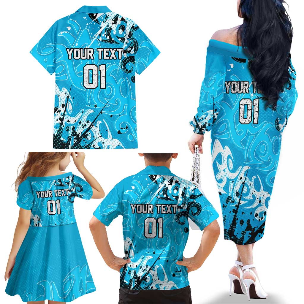 Personalized Cronulla-Sutherland Sharks Rugby Family Matching Off The Shoulder Long Sleeve Dress and Hawaiian Shirt Urban Street Graffiti Style - Distressed Splatter Elements