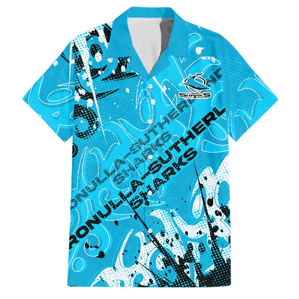 Personalized Cronulla-Sutherland Sharks Rugby Family Matching Off The Shoulder Long Sleeve Dress and Hawaiian Shirt Urban Street Graffiti Style - Distressed Splatter Elements