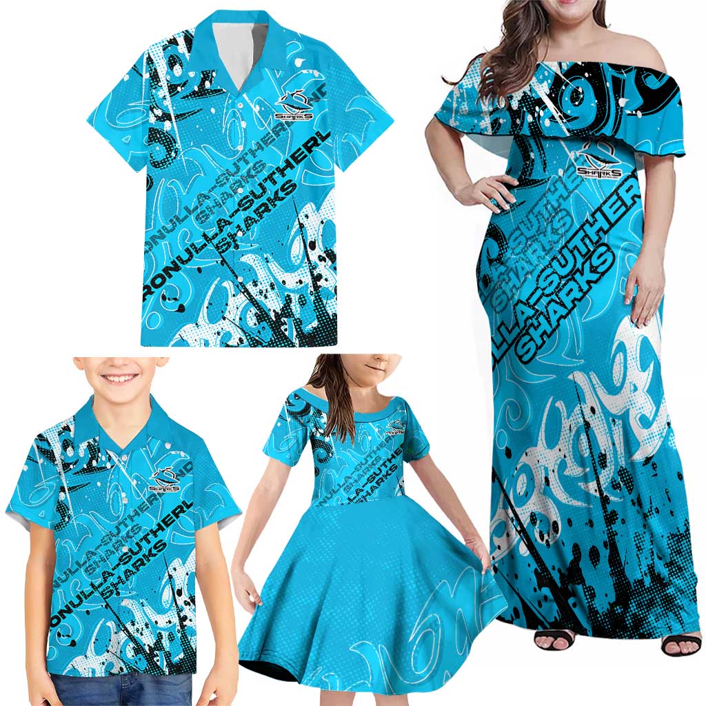 Personalized Cronulla-Sutherland Sharks Rugby Family Matching Off Shoulder Maxi Dress and Hawaiian Shirt Urban Street Graffiti Style - Distressed Splatter Elements