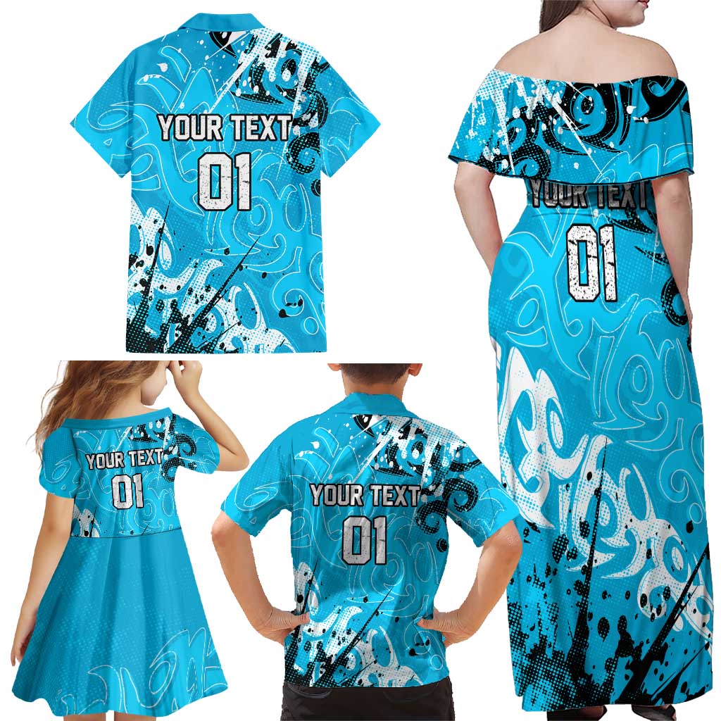 Personalized Cronulla-Sutherland Sharks Rugby Family Matching Off Shoulder Maxi Dress and Hawaiian Shirt Urban Street Graffiti Style - Distressed Splatter Elements