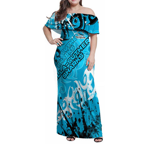 Personalized Cronulla-Sutherland Sharks Rugby Family Matching Off Shoulder Maxi Dress and Hawaiian Shirt Urban Street Graffiti Style - Distressed Splatter Elements