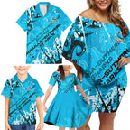 Personalized Cronulla-Sutherland Sharks Rugby Family Matching Off Shoulder Short Dress and Hawaiian Shirt Urban Street Graffiti Style - Distressed Splatter Elements