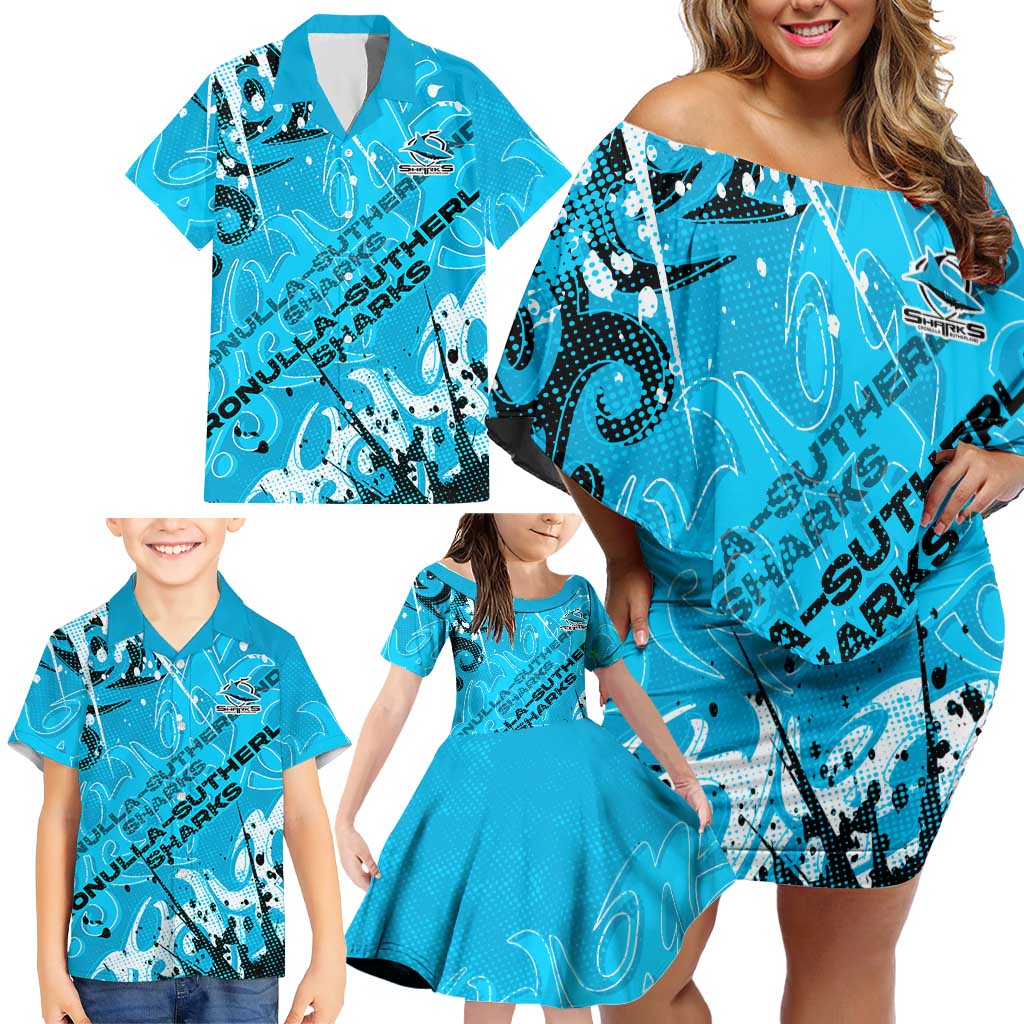 Personalized Cronulla-Sutherland Sharks Rugby Family Matching Off Shoulder Short Dress and Hawaiian Shirt Urban Street Graffiti Style - Distressed Splatter Elements