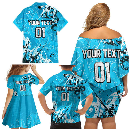 Personalized Cronulla-Sutherland Sharks Rugby Family Matching Off Shoulder Short Dress and Hawaiian Shirt Urban Street Graffiti Style - Distressed Splatter Elements