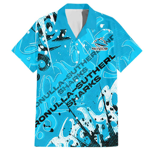 Personalized Cronulla-Sutherland Sharks Rugby Family Matching Off Shoulder Short Dress and Hawaiian Shirt Urban Street Graffiti Style - Distressed Splatter Elements