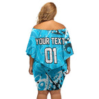 Personalized Cronulla-Sutherland Sharks Rugby Family Matching Off Shoulder Short Dress and Hawaiian Shirt Urban Street Graffiti Style - Distressed Splatter Elements
