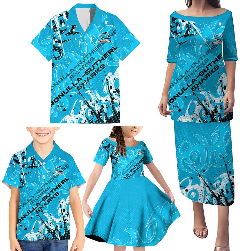 Personalized Cronulla-Sutherland Sharks Rugby Family Matching Puletasi and Hawaiian Shirt Urban Street Graffiti Style - Distressed Splatter Elements
