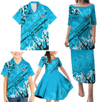 Personalized Cronulla-Sutherland Sharks Rugby Family Matching Puletasi and Hawaiian Shirt Urban Street Graffiti Style - Distressed Splatter Elements