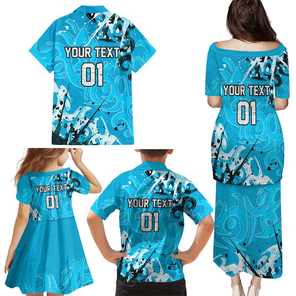 Personalized Cronulla-Sutherland Sharks Rugby Family Matching Puletasi and Hawaiian Shirt Urban Street Graffiti Style - Distressed Splatter Elements