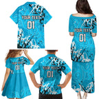 Personalized Cronulla-Sutherland Sharks Rugby Family Matching Puletasi and Hawaiian Shirt Urban Street Graffiti Style - Distressed Splatter Elements