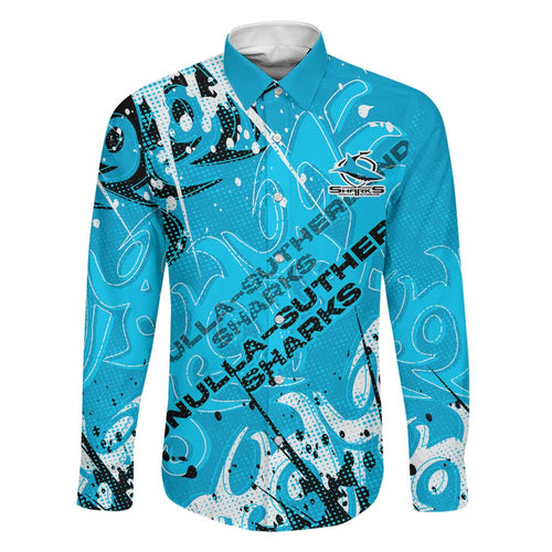 Personalized Cronulla-Sutherland Sharks Rugby Family Matching Puletasi and Hawaiian Shirt Urban Street Graffiti Style - Distressed Splatter Elements