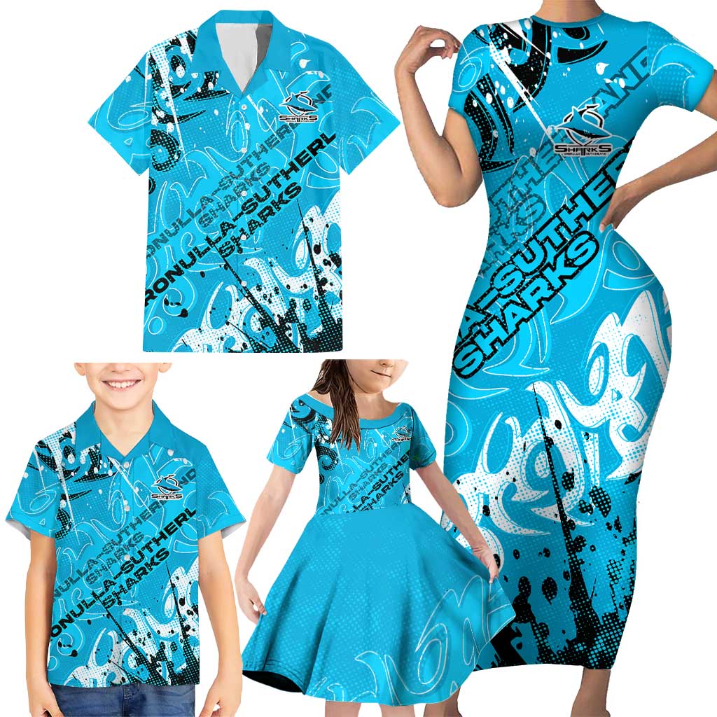 Personalized Cronulla-Sutherland Sharks Rugby Family Matching Short Sleeve Bodycon Dress and Hawaiian Shirt Urban Street Graffiti Style - Distressed Splatter Elements