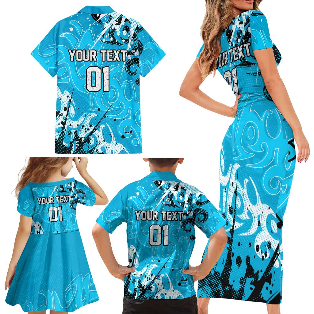 Personalized Cronulla-Sutherland Sharks Rugby Family Matching Short Sleeve Bodycon Dress and Hawaiian Shirt Urban Street Graffiti Style - Distressed Splatter Elements