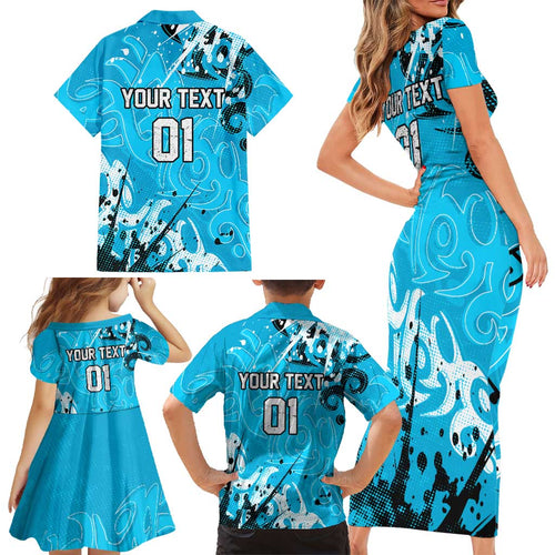 Personalized Cronulla-Sutherland Sharks Rugby Family Matching Short Sleeve Bodycon Dress and Hawaiian Shirt Urban Street Graffiti Style - Distressed Splatter Elements