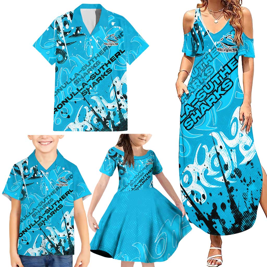 Personalized Cronulla-Sutherland Sharks Rugby Family Matching Summer Maxi Dress and Hawaiian Shirt Urban Street Graffiti Style - Distressed Splatter Elements