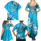 Personalized Cronulla-Sutherland Sharks Rugby Family Matching Summer Maxi Dress and Hawaiian Shirt Urban Street Graffiti Style - Distressed Splatter Elements