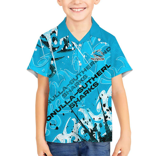 Personalized Cronulla-Sutherland Sharks Rugby Family Matching Summer Maxi Dress and Hawaiian Shirt Urban Street Graffiti Style - Distressed Splatter Elements