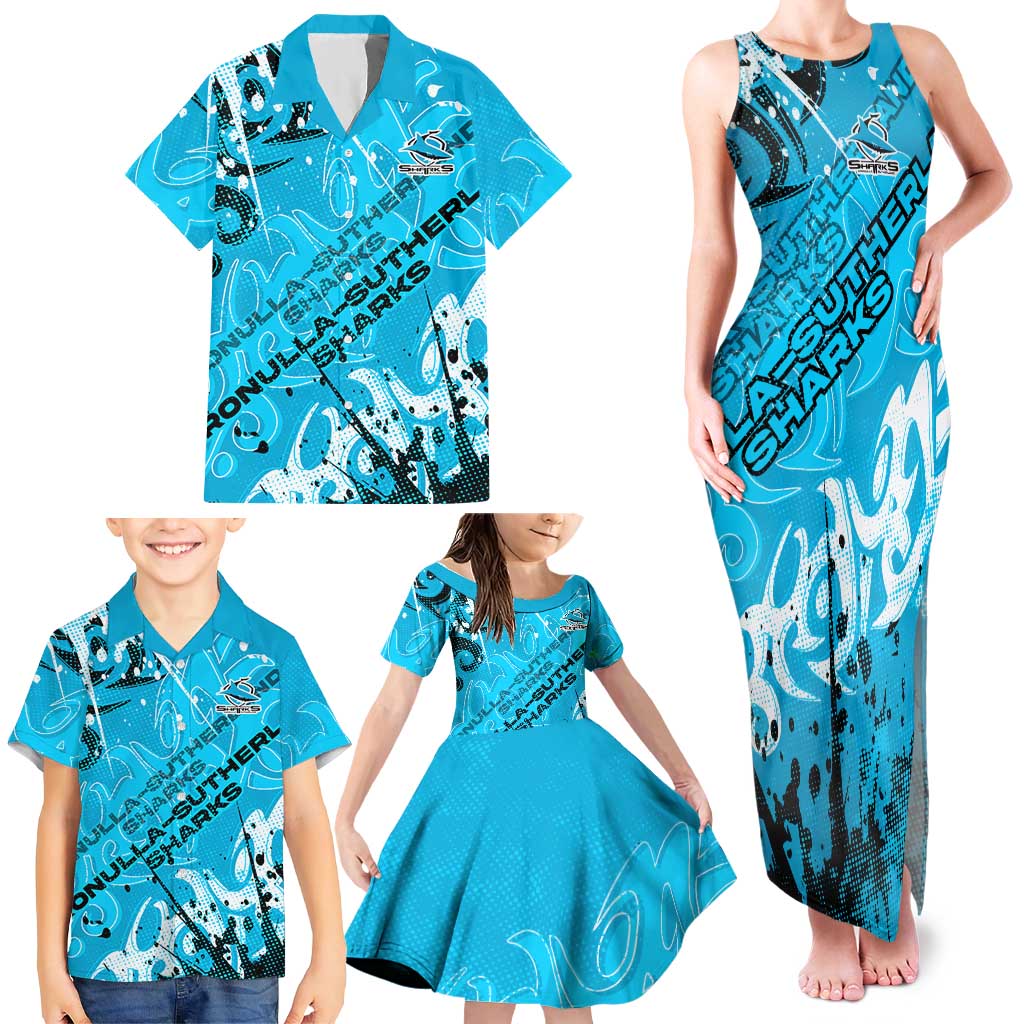 Personalized Cronulla-Sutherland Sharks Rugby Family Matching Tank Maxi Dress and Hawaiian Shirt Urban Street Graffiti Style - Distressed Splatter Elements
